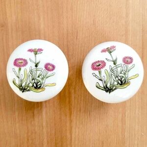 Vintage Porcelain Cabinet Knob Large White Pink Floral Sage Green Stem 1 3/8"